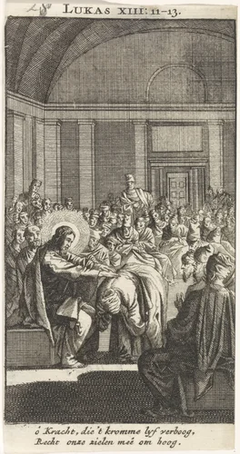 Christus legt zijn hand op de krom getrokken vrouw by anonymous, print, 1712