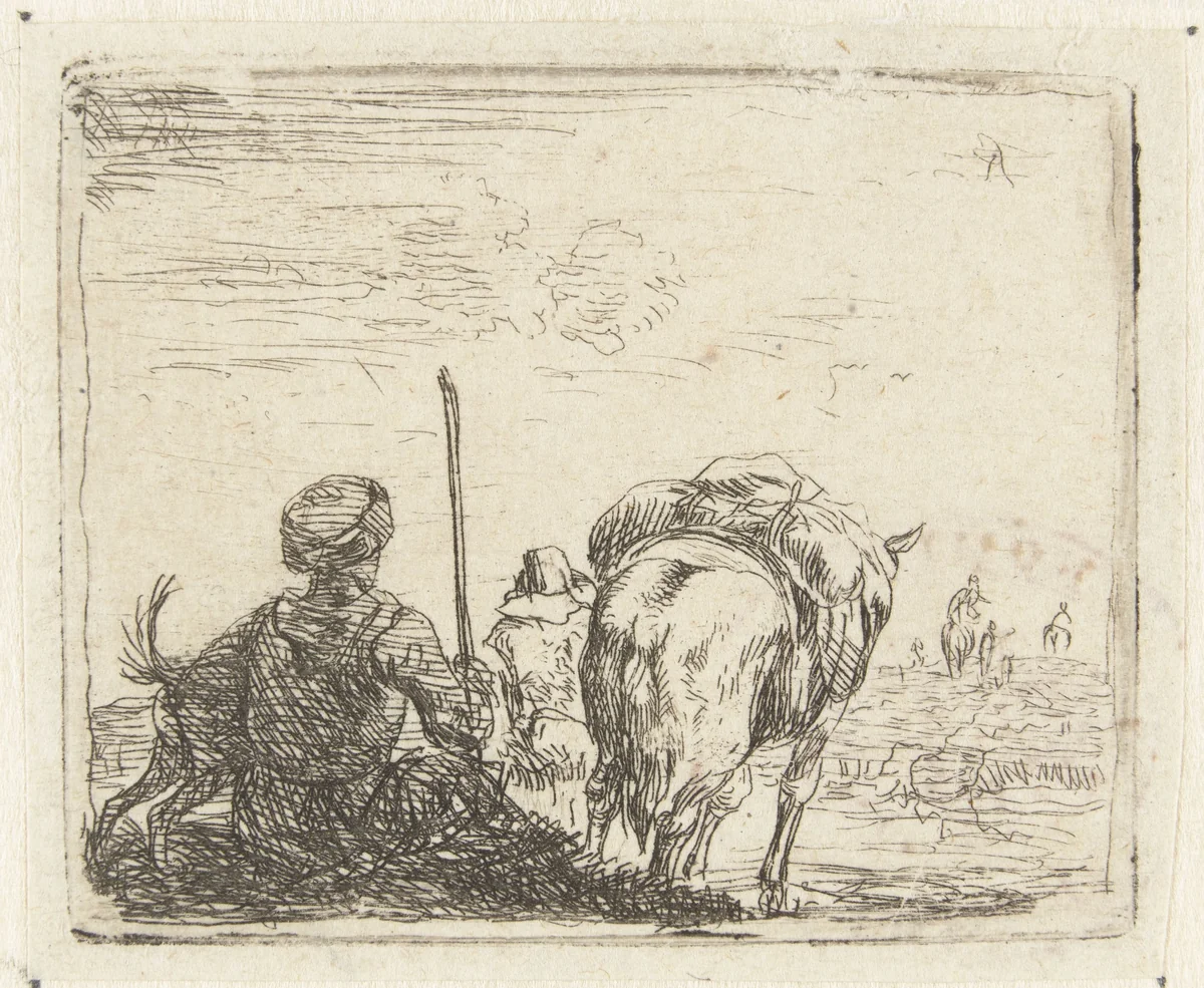 Italianiserend landschap met man, hond, herder en paard by Karel du Jardin, print, 1652-1659
