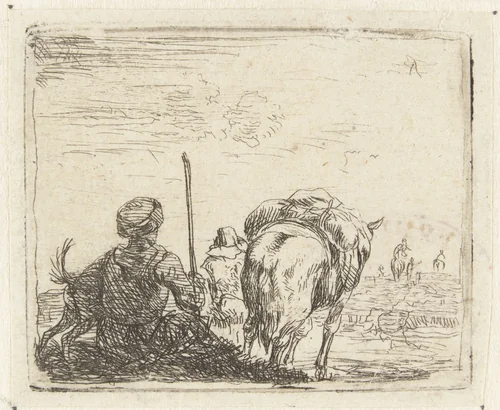Italianiserend landschap met man, hond, herder en paard by Karel du Jardin, print, 1652-1659