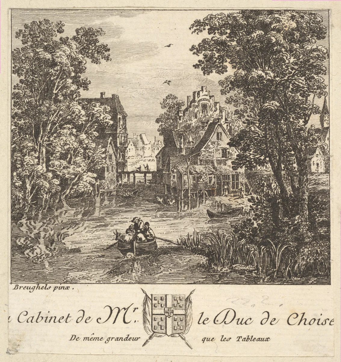 Boat on a River near a Town after a painting in the cabinet of the Duc de Choiseul by anonymous, print, 1700-1790