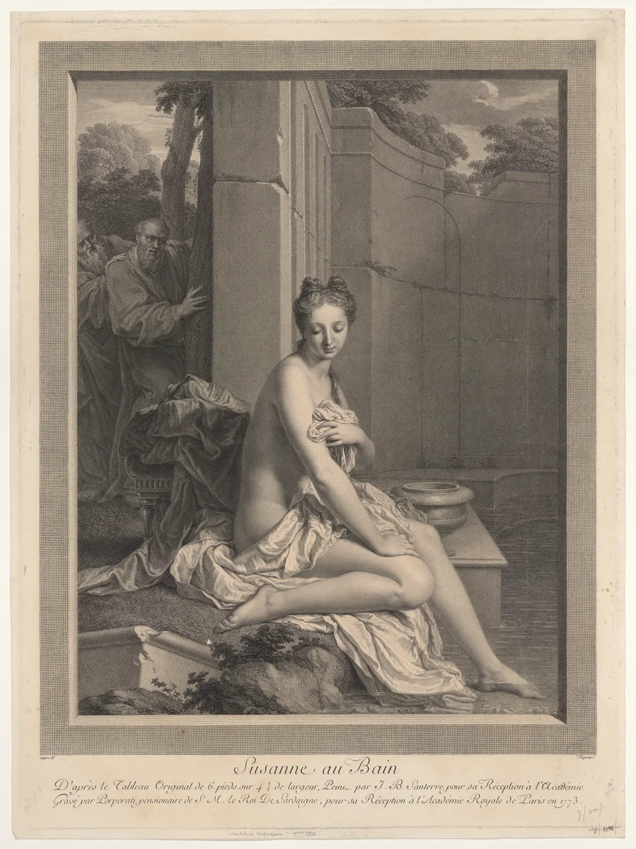 Susanna at the bath, the elders peering behind her at left by Carlo Antonio Porporati, print, 1773