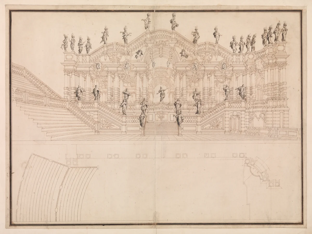 Design for a Stage Set: Longitudinal Section and Plan of Amphitheater and Stage by Giuseppe Galli Bibiena, drawing, 1696-1756