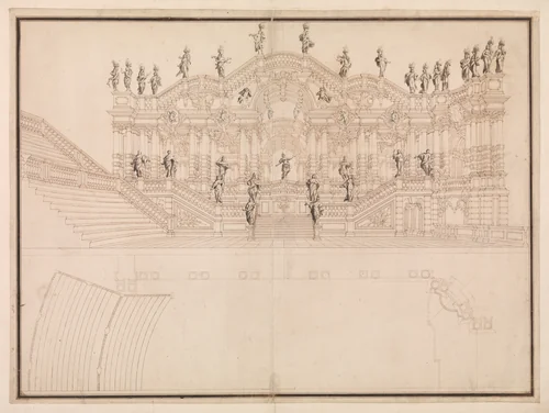 Design for a Stage Set: Longitudinal Section and Plan of Amphitheater and Stage by Giuseppe Galli Bibiena, drawing, 1696-1756