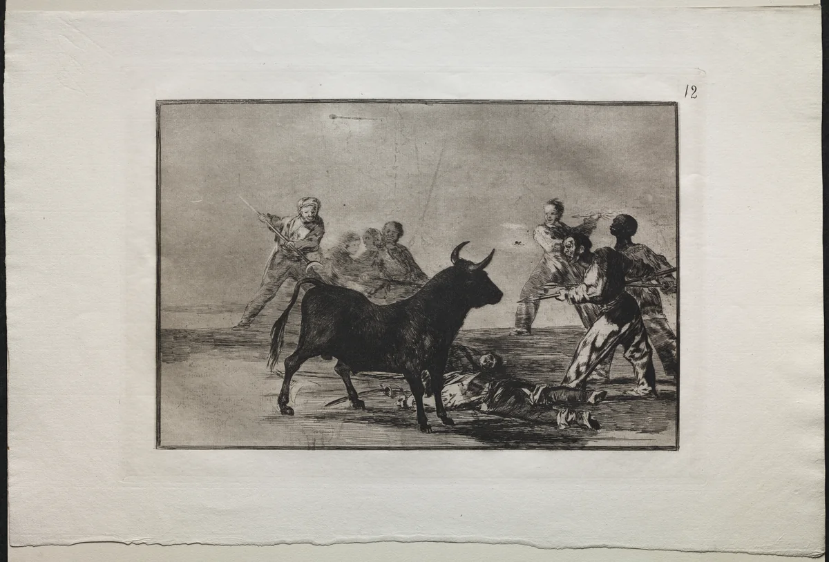 Bullfights: The Rabble Hamstringing the Bull with Lances, Sickles, Banderillas and Other Arms by Francisco de Goya, print, 1816-1876