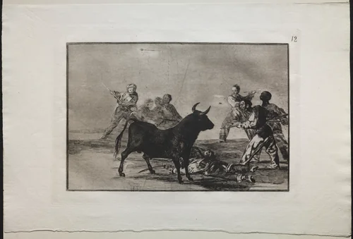 Bullfights: The Rabble Hamstringing the Bull with Lances, Sickles, Banderillas and Other Arms by Francisco de Goya, print, 1816-1876