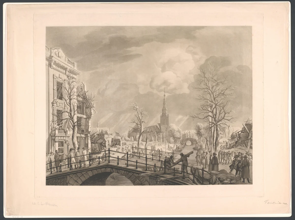 Gezicht op het Rapenburg te Leiden, na de buskruitramp by Friedrich Christoph Dietrich, print, 1807