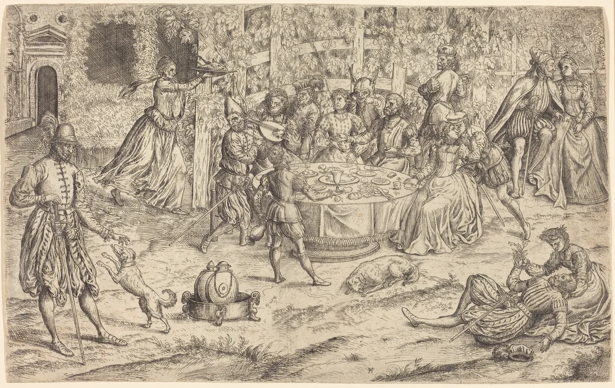 Banquet in the Park of a French Castle by Master HS, print, 1550