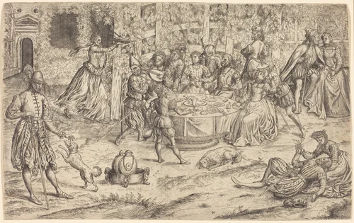 Banquet in the Park of a French Castle by Master HS, print, 1550