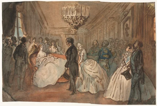 The Empress Eugénie Receiving the Diplomatic Corps after the Birth of the Imperial Prince by Constantin Guys, drawing, 1856