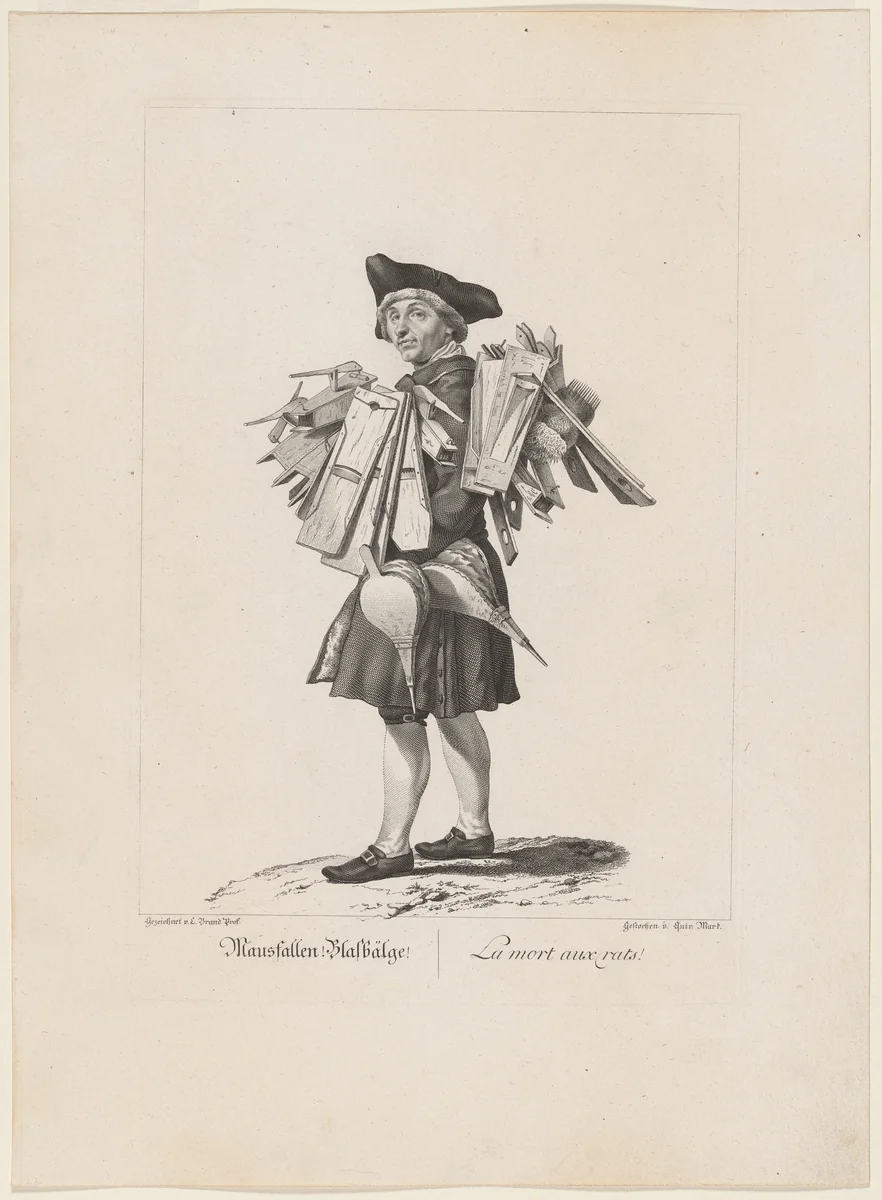 Mausfallen! Blasbälge! (Death to Mice) by Johann Christian Brand, print, 1775