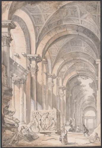 Architectural capriccio with Figures and Antiquities by Giovanni Paolo Panini, drawing, 1750-1770