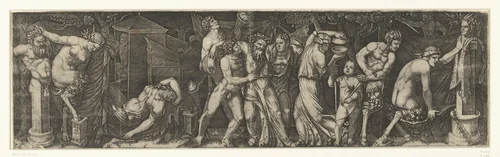 Bacchanaal met dronken Bacchus en saters en maenaden by Unknown, print, 1510-1527