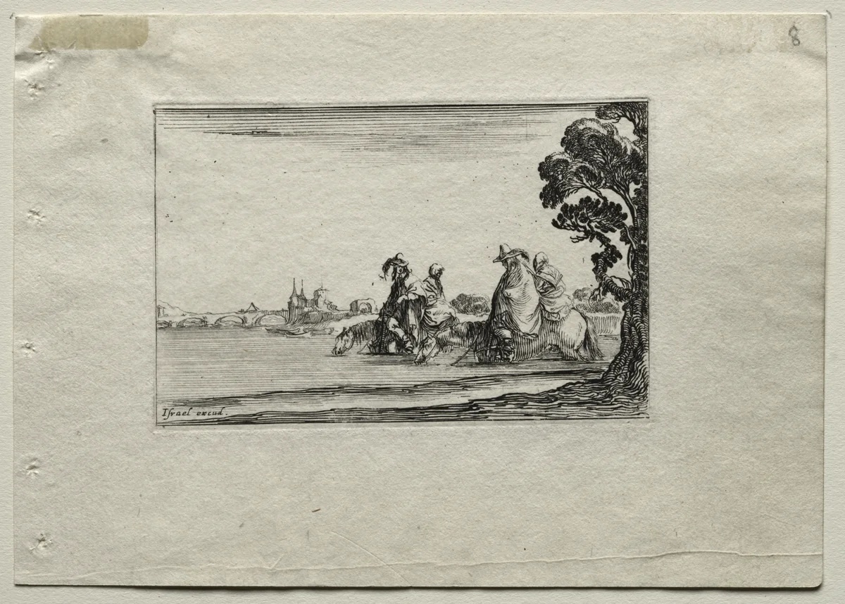 Caprices: Cavaliers Watering their Horses in a River by Stefano della Bella, print, 1637-1647