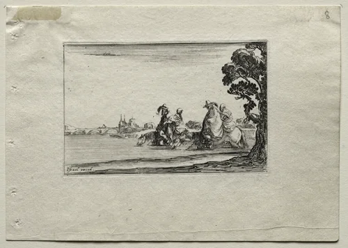 Caprices: Cavaliers Watering their Horses in a River by Stefano della Bella, print, 1637-1647