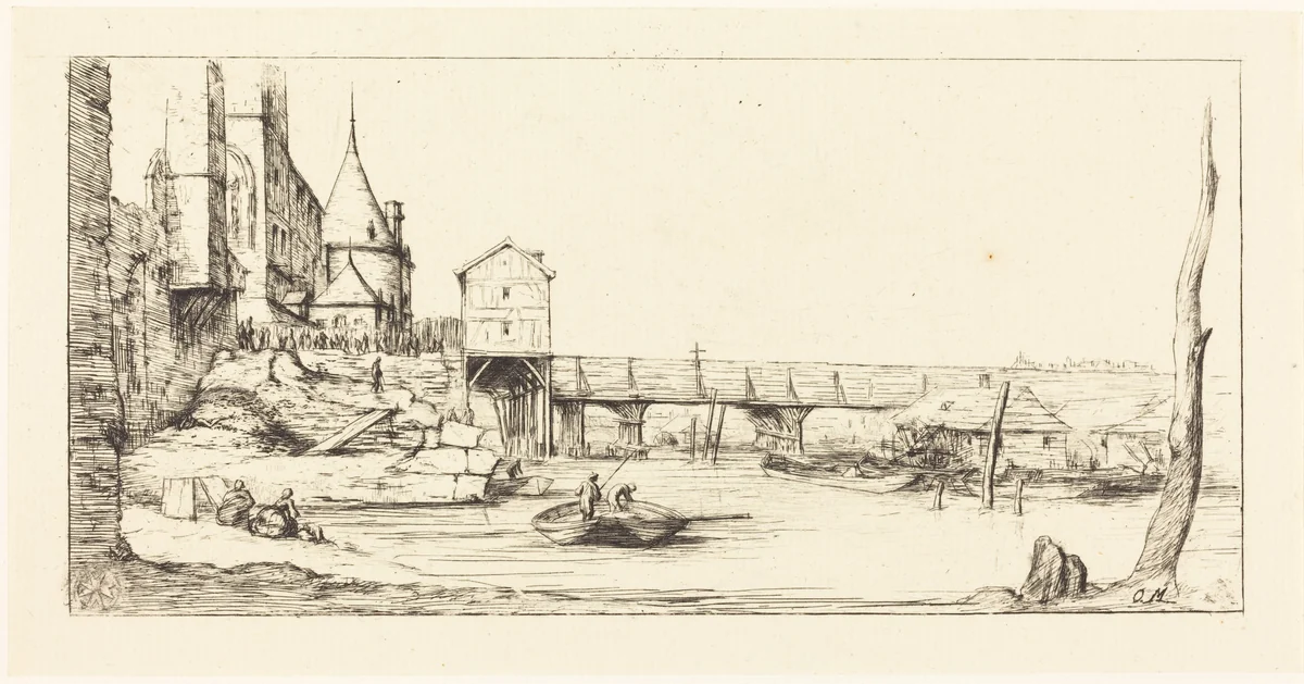 Passerelle du Pont-au-Change, Paris, après l'Incendie de 1621 (Footbridge Temporarily Replacing the Pont-au-Change, Paris, after the Fire of 1621) by Charles Meryon; Stefano Della Bella, print, 1860