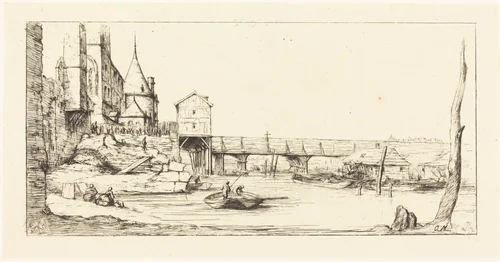 Passerelle du Pont-au-Change, Paris, après l'Incendie de 1621 (Footbridge Temporarily Replacing the Pont-au-Change, Paris, after the Fire of 1621) by Charles Meryon; Stefano Della Bella, print, 1860