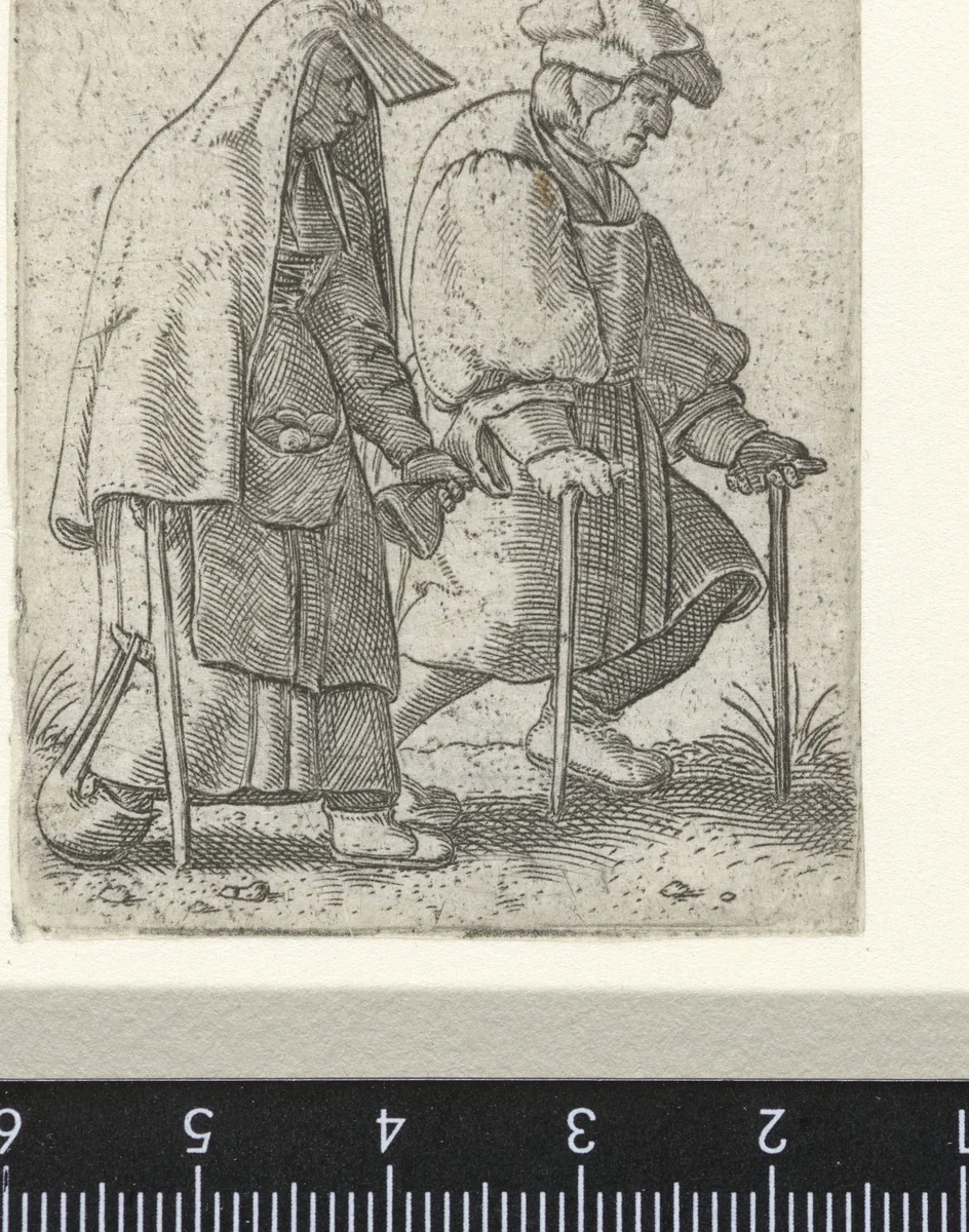 Man en een vrouw lopend op krukken by Unknown, print, 1538-1577