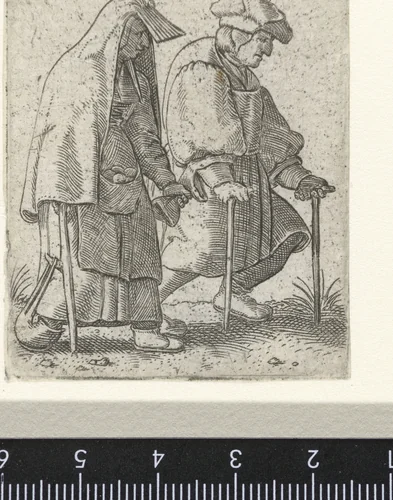Man en een vrouw lopend op krukken by Unknown, print, 1538-1577