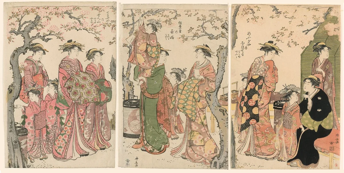 Courtesans and Their Child Attendants under Blossoming Cherry Trees by Torii Kiyonaga (鳥居清長), print, 1785