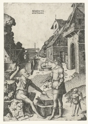 Apollo met Cupido bij Vulcanus by Unknown, print, 1515-1520