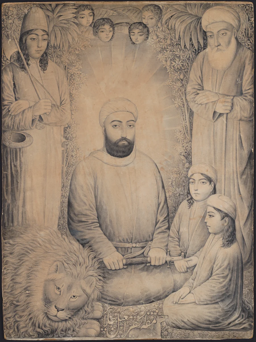 Imam 'Ali and Sons with a Lion by Isma'il Jalayir, manuscript, 1835-1885