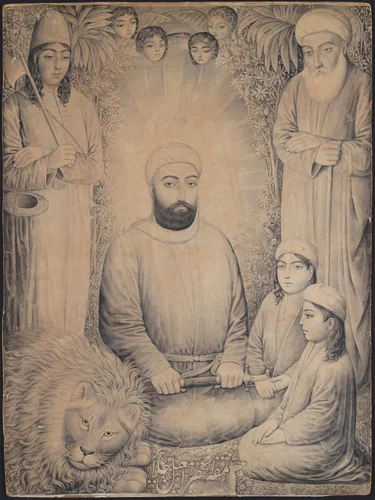 Imam 'Ali and Sons with a Lion by Isma'il Jalayir, manuscript, 1835-1885