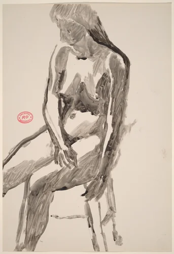 Untitled [side view of a female nude seated on a stool] by Richard Diebenkorn, drawing, 1955-1967
