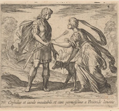Procris geeft Cephalus een hond en een magische speer by Antonio Tempesta, print, 1606