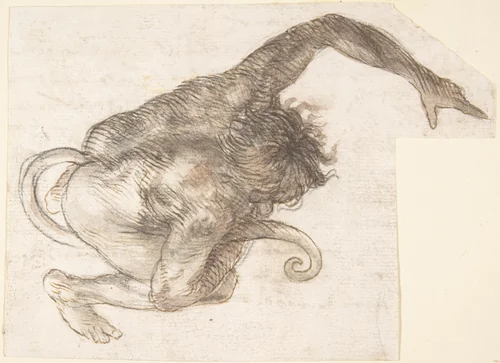 Figure of Fantastic Human-like Creature with Long Tail (recto); Fragment of a Letter or Document (verso) by anonymous, drawing, 1600-1700