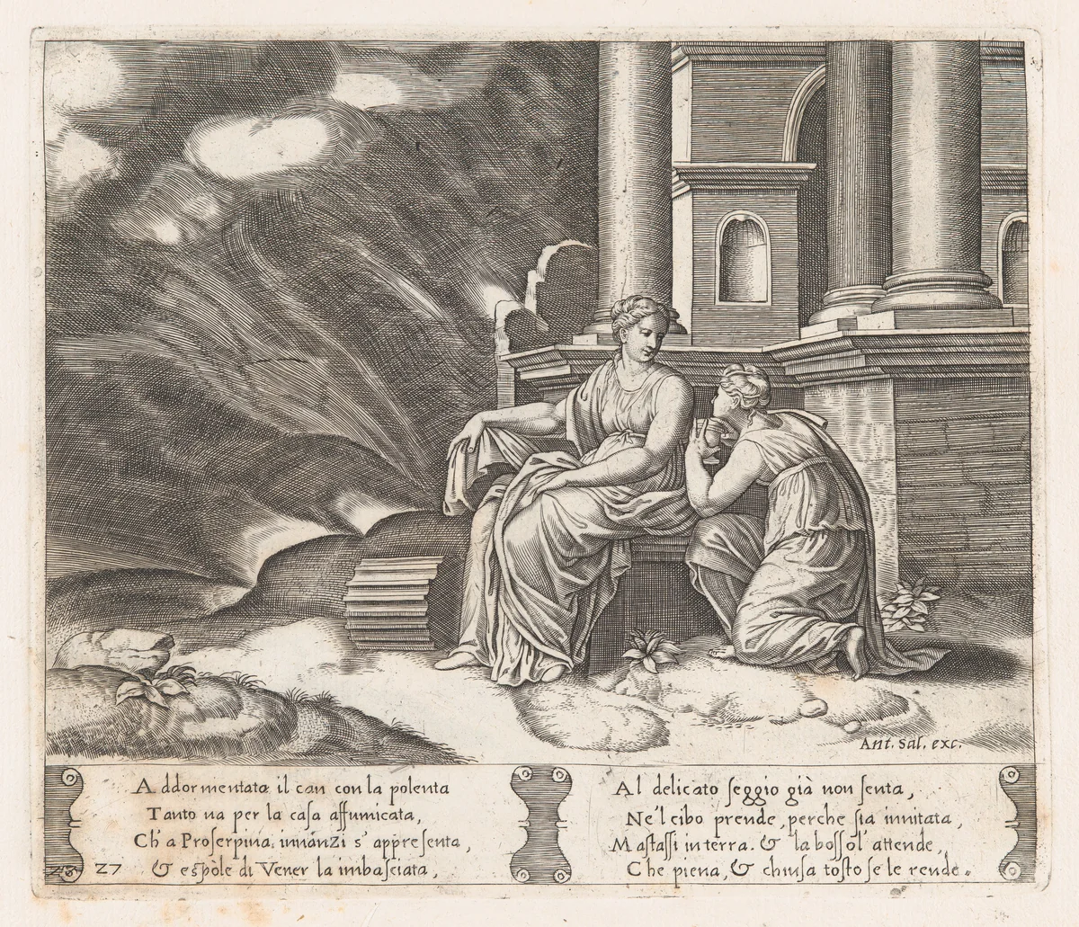 Plate 27: Proserpine gives Psyche the box of beauty, from "The Story of Cupid and Psyche as told by Apuleius" by Master of the Die, print, 1530-1560