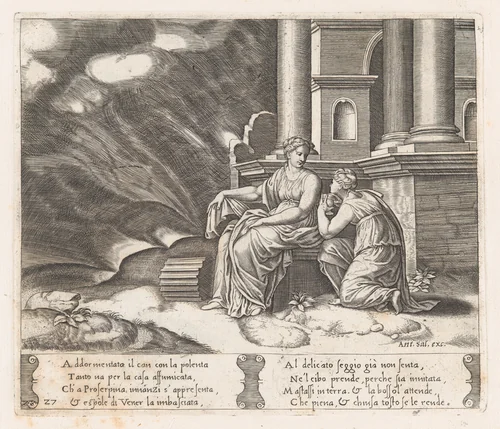 Plate 27: Proserpine gives Psyche the box of beauty, from "The Story of Cupid and Psyche as told by Apuleius" by Master of the Die, print, 1530-1560