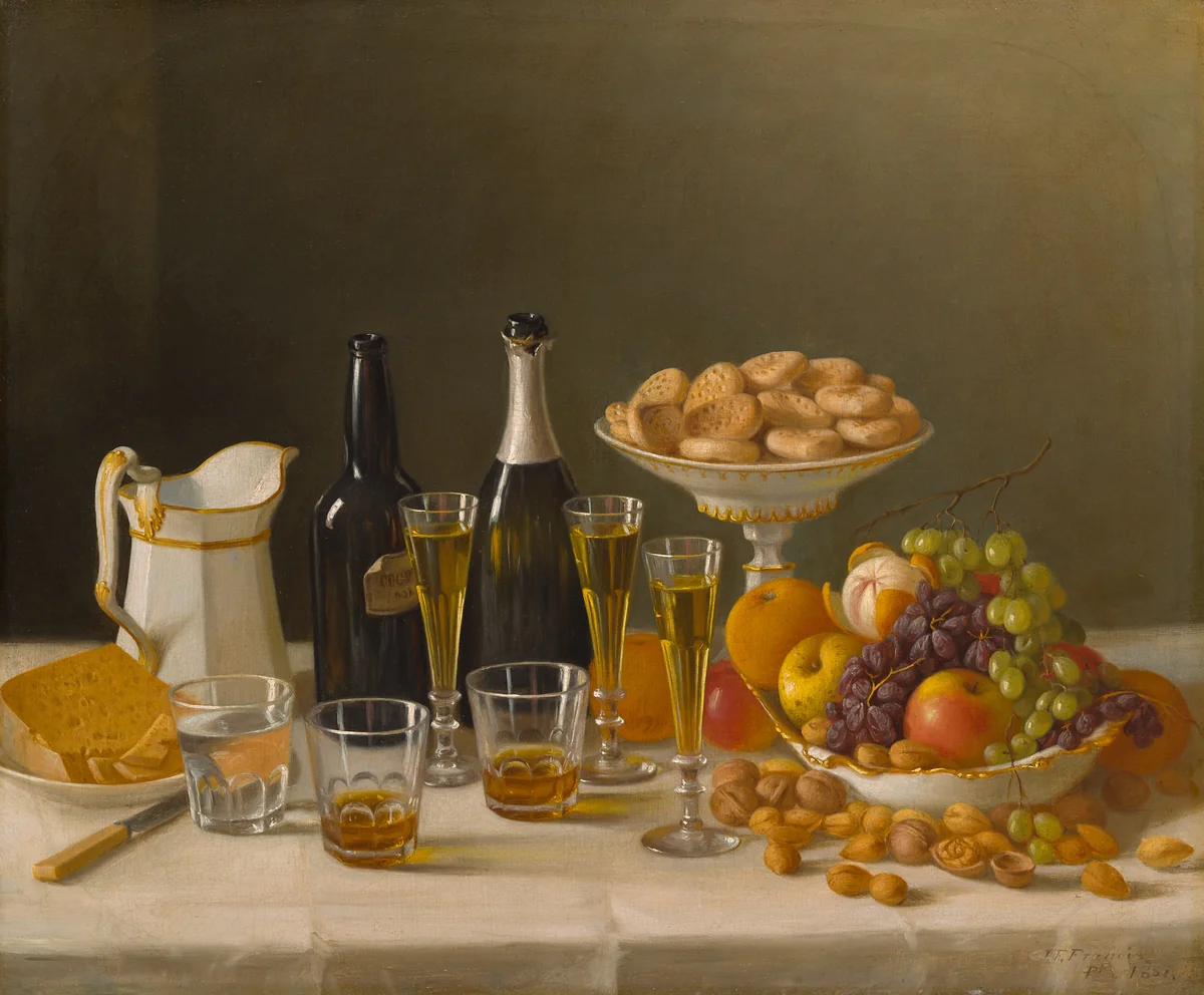 Wine, Cheese, and Fruit by John F. Francis, painting, 1857
