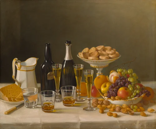 Wine, Cheese, and Fruit by John F. Francis, painting, 1857