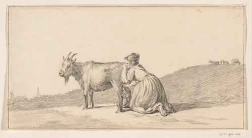 Vrouw die een geit melkt by Jean Bernard, drawing, 1775-1833