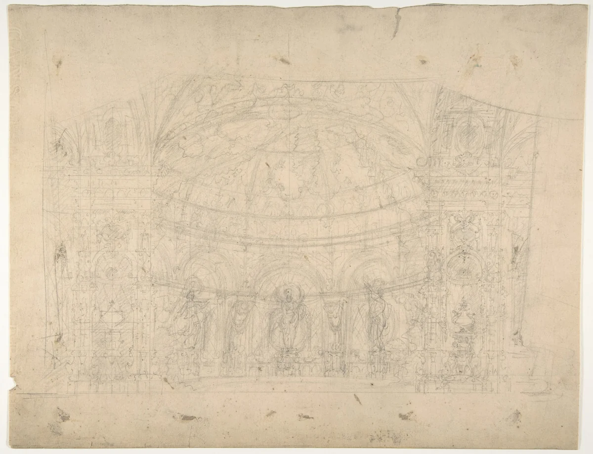 Design for a Stage Set at the Opéra, Paris: Domed Interior (recto); Sketches for Dome and Doors (verso) by Eugène Cicéri, drawing, 1830-1890