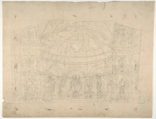 Design for a Stage Set at the Opéra, Paris: Domed Interior (recto); Sketches for Dome and Doors (verso) by Eugène Cicéri, drawing, 1830-1890