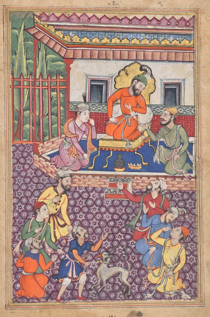 The court of the Raja of Ujjain, from a Tuti-nama (Tales of a Parrot): Forty-sixth Night by Unknown, painting, 1555-1565