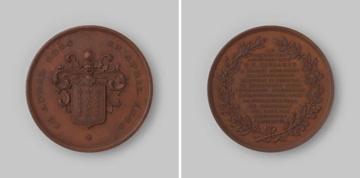 Gedenkpenning voor luitenant-kolonel H.W. Roelants, commandant der schutterij te Schiedam, ter gelegenheid van diens 50jarige dienst by anonymous, metalwork, 1864