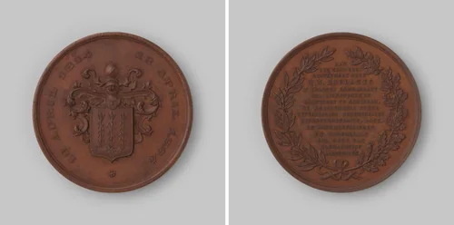 Gedenkpenning voor luitenant-kolonel H.W. Roelants, commandant der schutterij te Schiedam, ter gelegenheid van diens 50jarige dienst by anonymous, metalwork, 1864