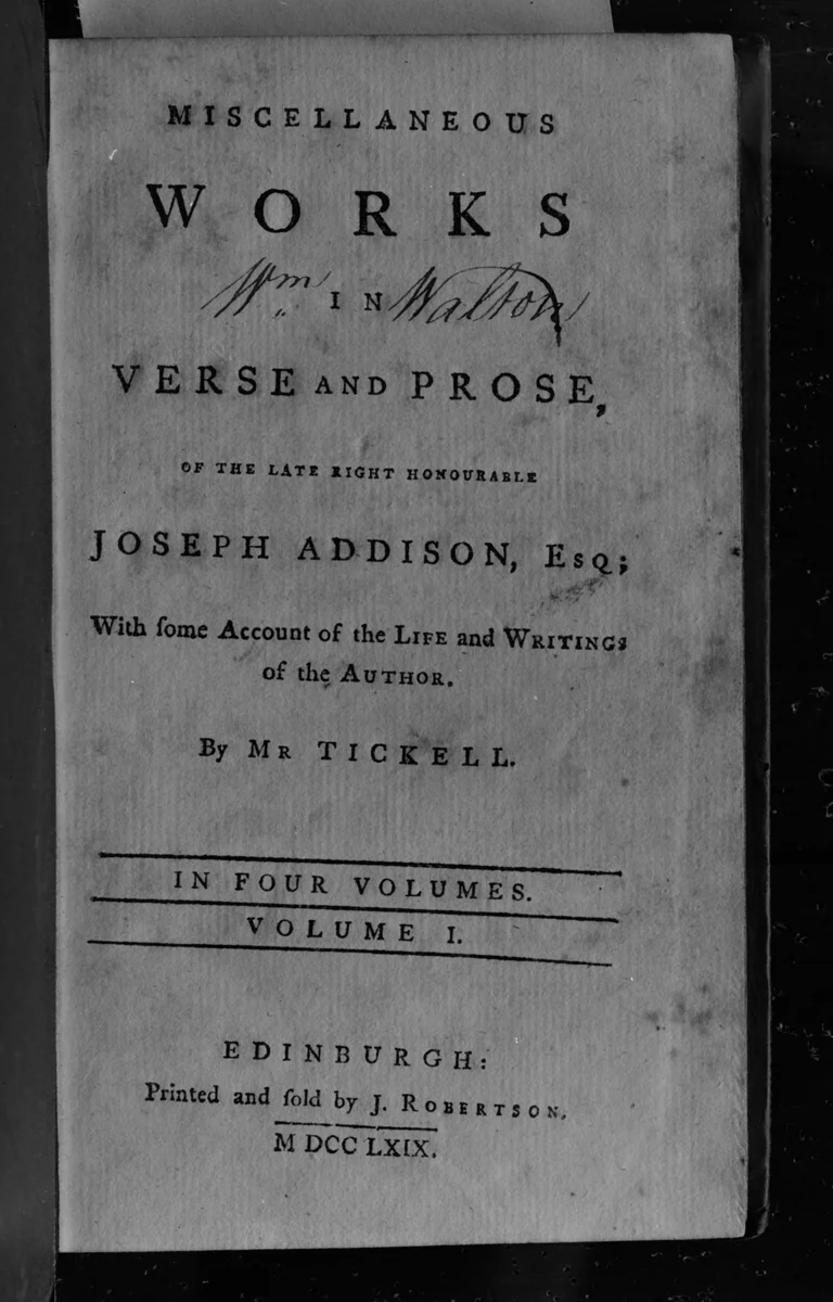 Book: Miscellaneous Works in Verse and Prose (Volume I of four volumes) by Joseph Addison, artwork, 1769