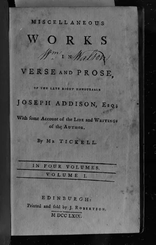 Book: Miscellaneous Works in Verse and Prose (Volume I of four volumes) by Joseph Addison, artwork, 1769