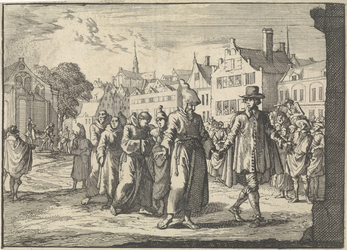 Te Kleef worden Capucijner monniken hun klooster uitgeleid, 1663 by Caspar Luyken, print, 1698