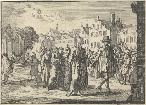 Te Kleef worden Capucijner monniken hun klooster uitgeleid, 1663 by Caspar Luyken, print, 1698