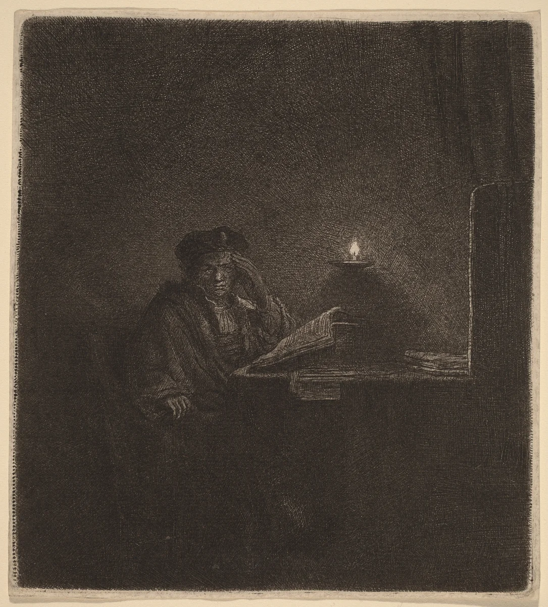 Student at a Table by Candlelight by Rembrandt van Rijn, print, 1642