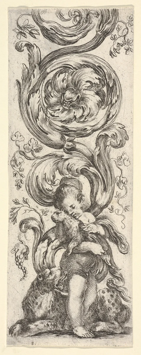A young boy holding a young leopard in his arms, the mother leopard laying below, from "Ornaments or Grotesques" (Ornamenti o Grottesche) by Stefano della Bella, print, 1650-1656