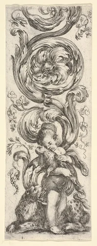 A young boy holding a young leopard in his arms, the mother leopard laying below, from "Ornaments or Grotesques" (Ornamenti o Grottesche) by Stefano della Bella, print, 1650-1656