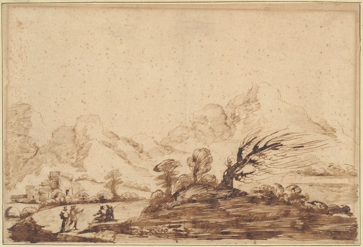 Landscape with Figures by Guercino, drawing, 1700-1800
