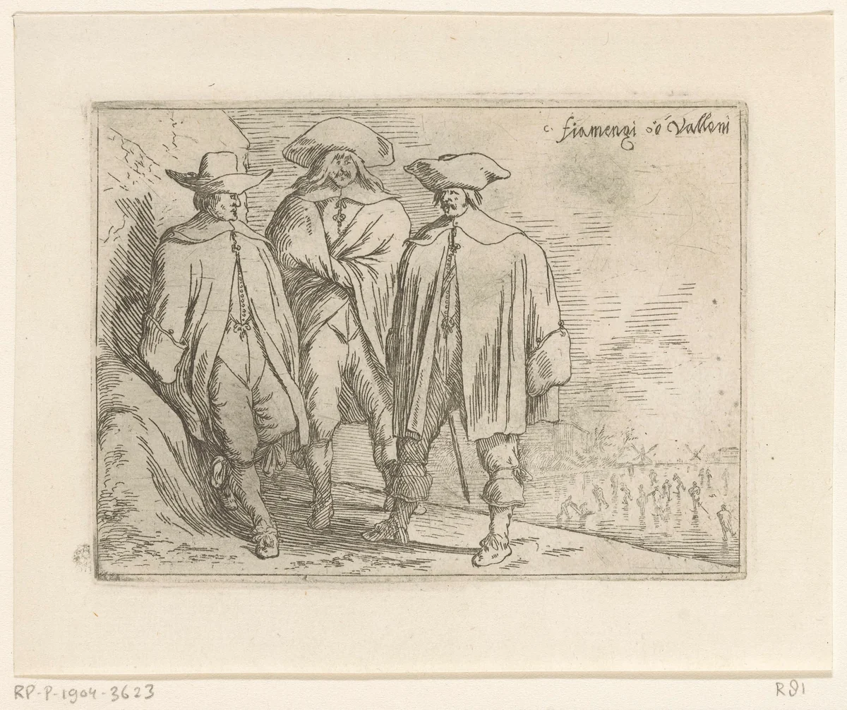 Drie Nederlanders, een ijsgezicht in de achtergrond by Johann Wilhelm Baur, print, 1636