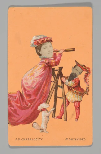 [Photo Collage: Woman on Ladder, Holding Spyglass with Man Holding Ladder, and Dog Standing on Hind Legs] by Juan Pedro Chabalgoity, photograph, 1870-1880