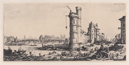 Vue de Pont-Neuf (View of the Pont-Neuf), from "Les Deux Grandes Vues de Paris" (The Two Large Views of Paris) by Jacques Callot, print, 1625-1635